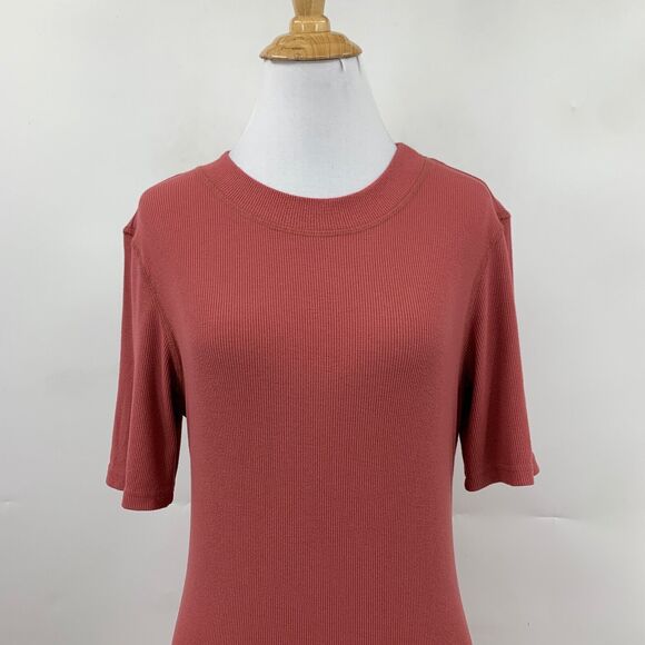 All Row Dress Womens M Medium Dusty Rose Ribbed Slit Short Sleeve Stretch Maxi - Picture 3 of 15